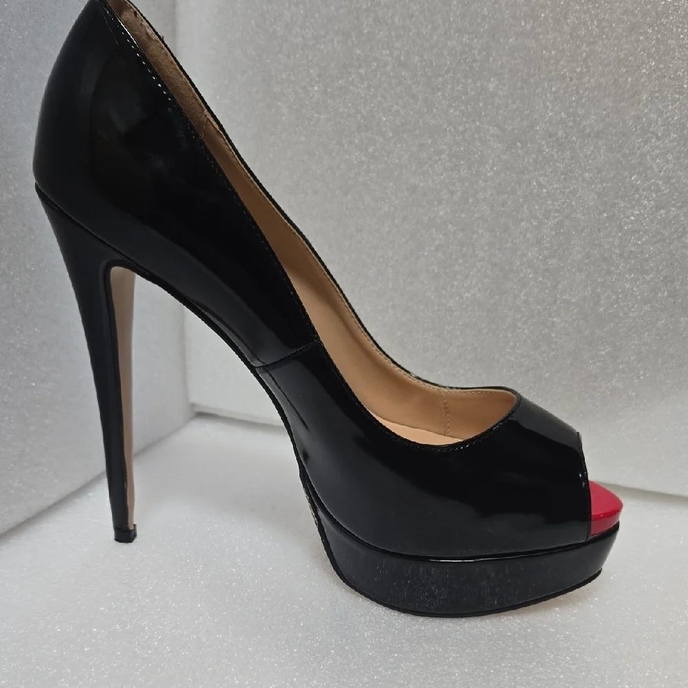 Marumote 6" SHINEY BLACK STILETTOS W/ RED PEEP VALENTINE'S  DIVA 9.5 - Picture 9 of 17